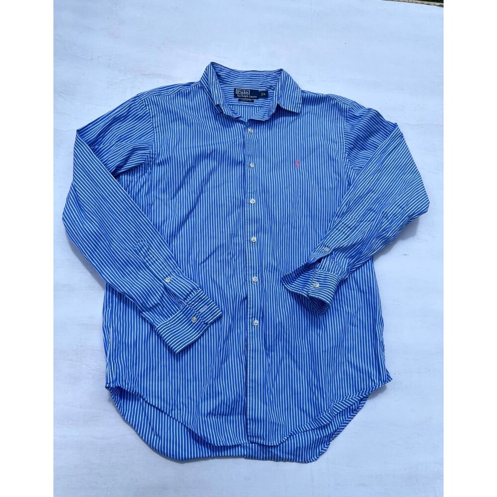 Polo Ralph Lauren Shirt L Men Blue White Striped Classic Fit Dress Button Up Lon